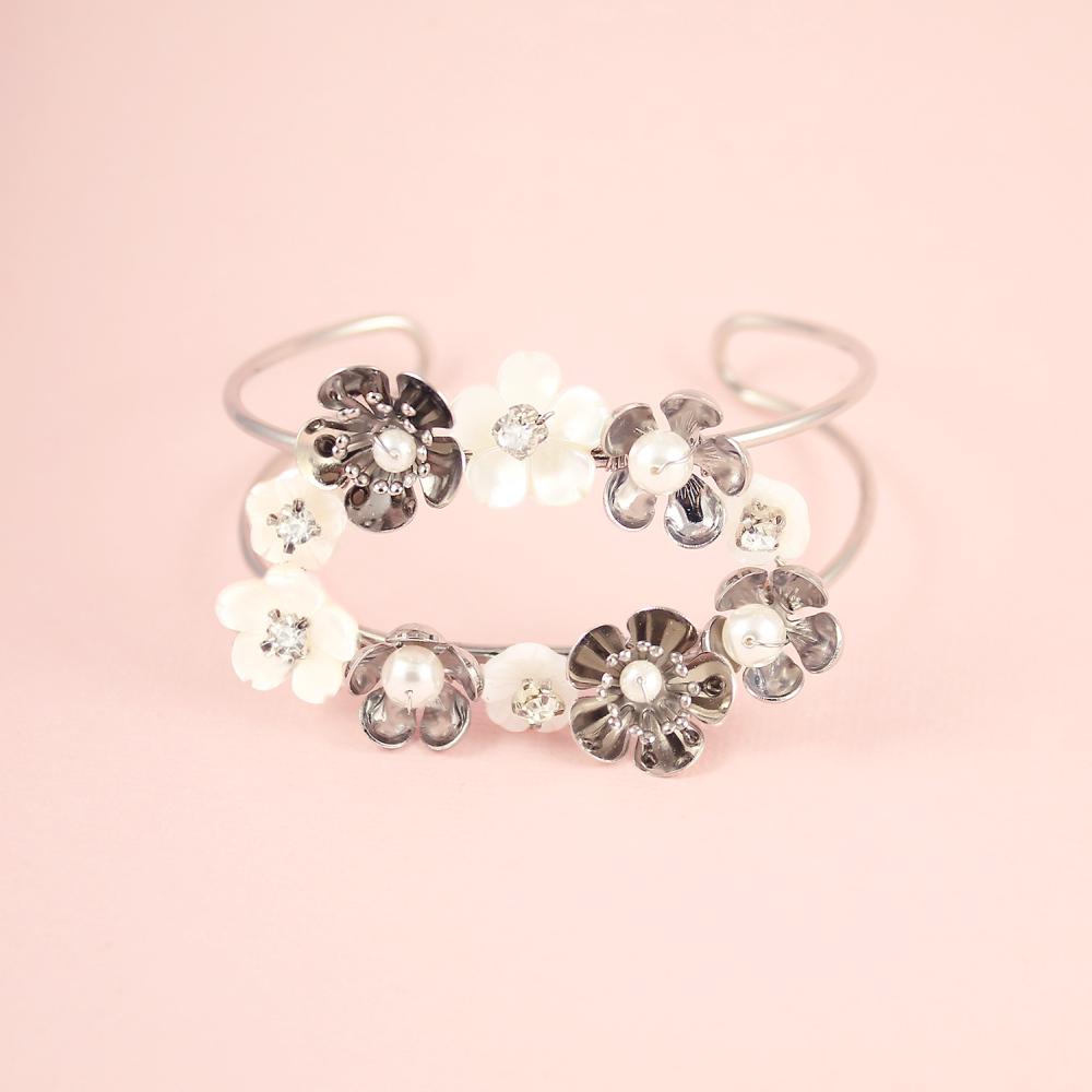 Silver Felicity Floral Cuff Bracelet on pink