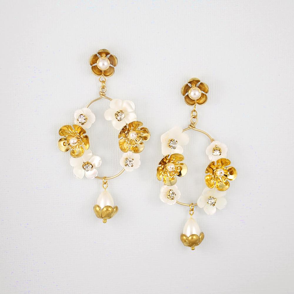 Gold Felicity Floral Bridal Earrings on grey