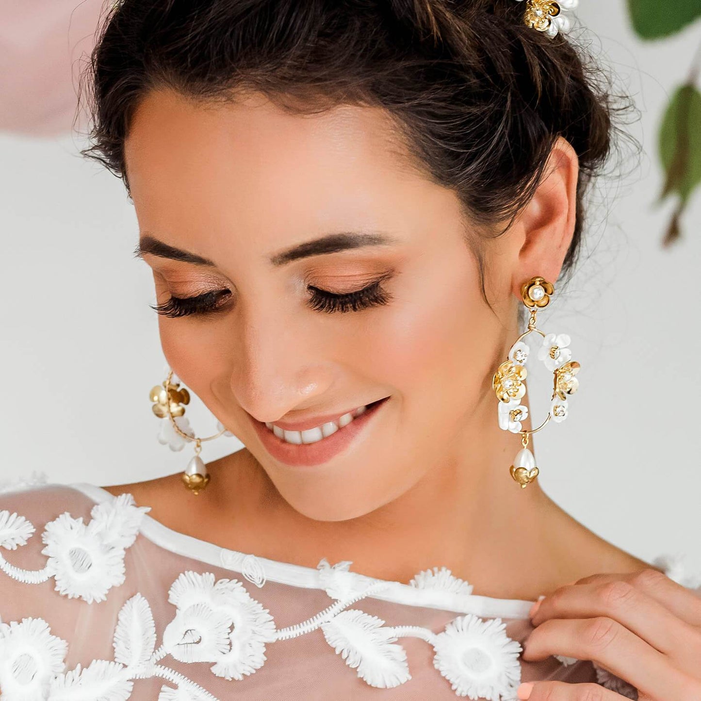 Gold Felicity Floral Bridal Earrings from far