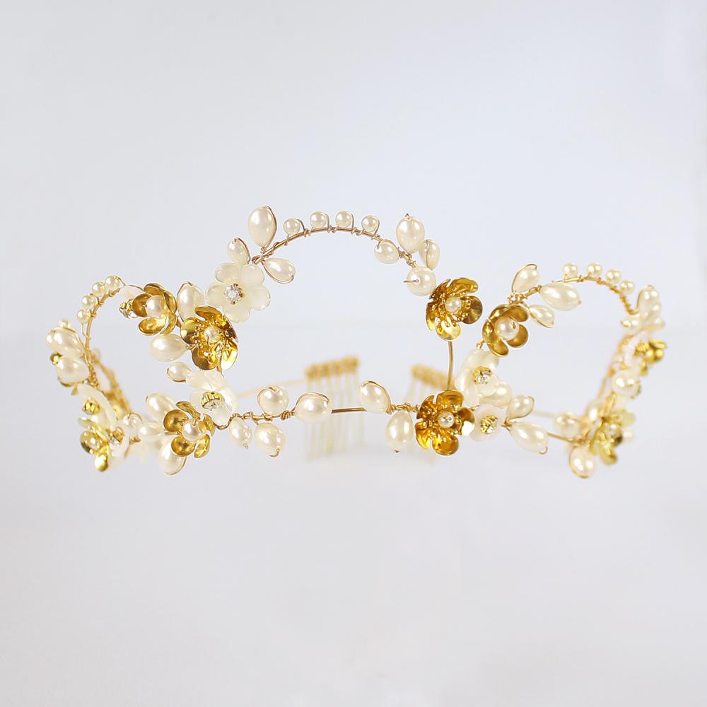 Gold Felicity Bridal Flower Crown on grey