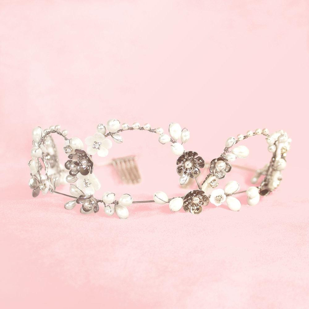 Silver Felicity Bridal Flower Crown on pink