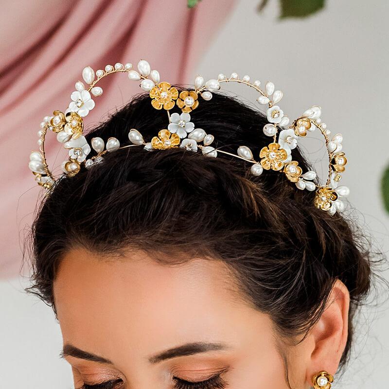 Gold Felicity Bridal Flower Crown from front