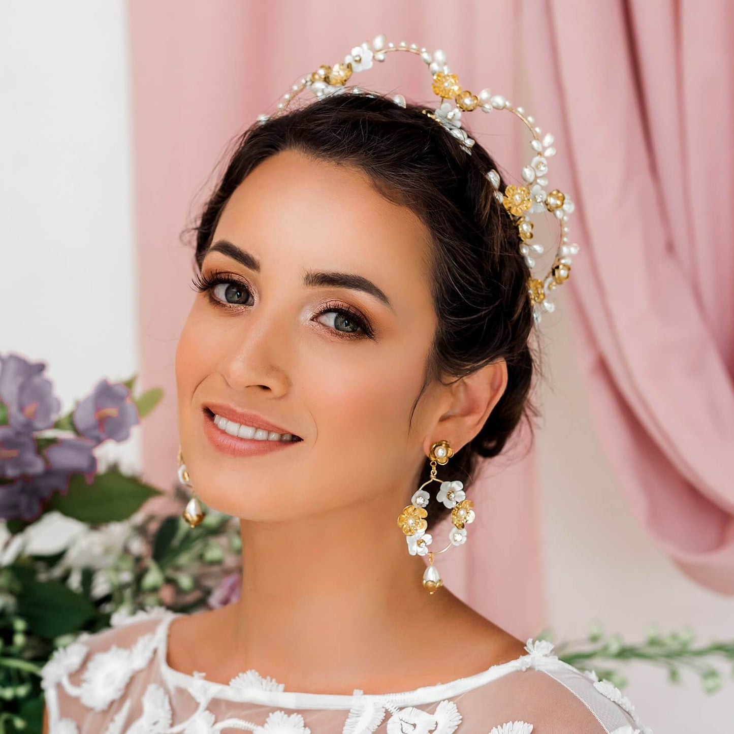 Gold Felicity Bridal Flower Crown from far