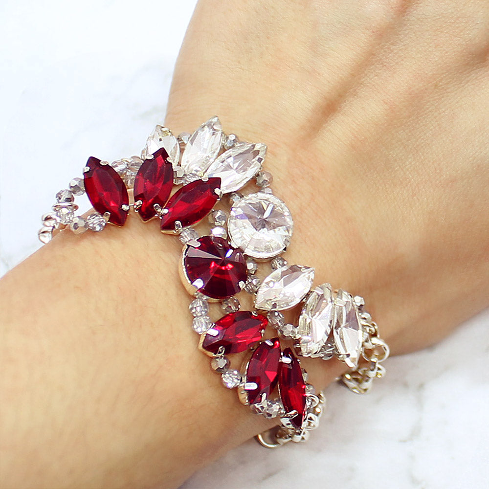 Heather rock glam crystal bracelets Crystal Clear and Red colours worn on wrist