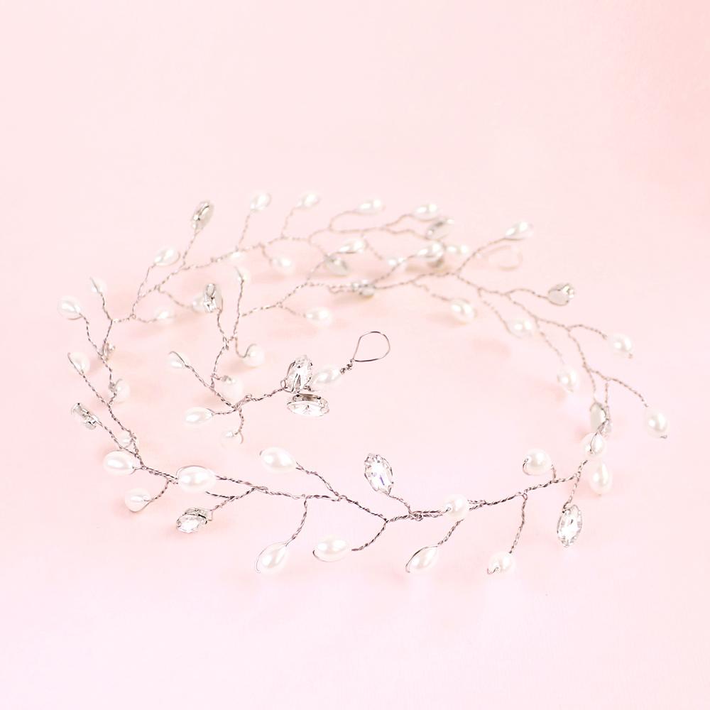 Silver Ivy Bridal Hair Vine Headpiece on pink