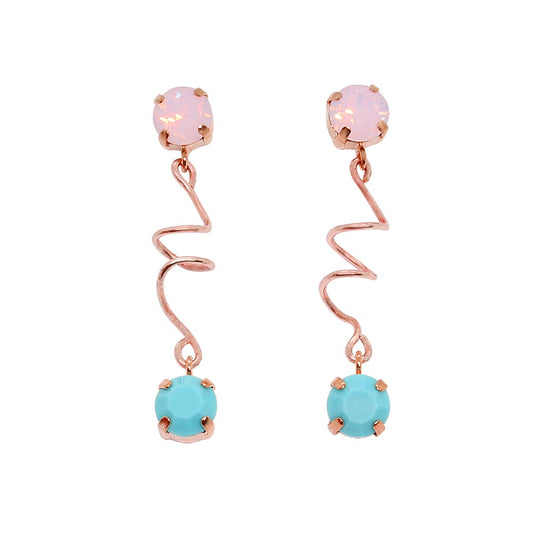 Front view of Jayda pink and turquoise Swarovski crystals earrings set in rose gold on white background