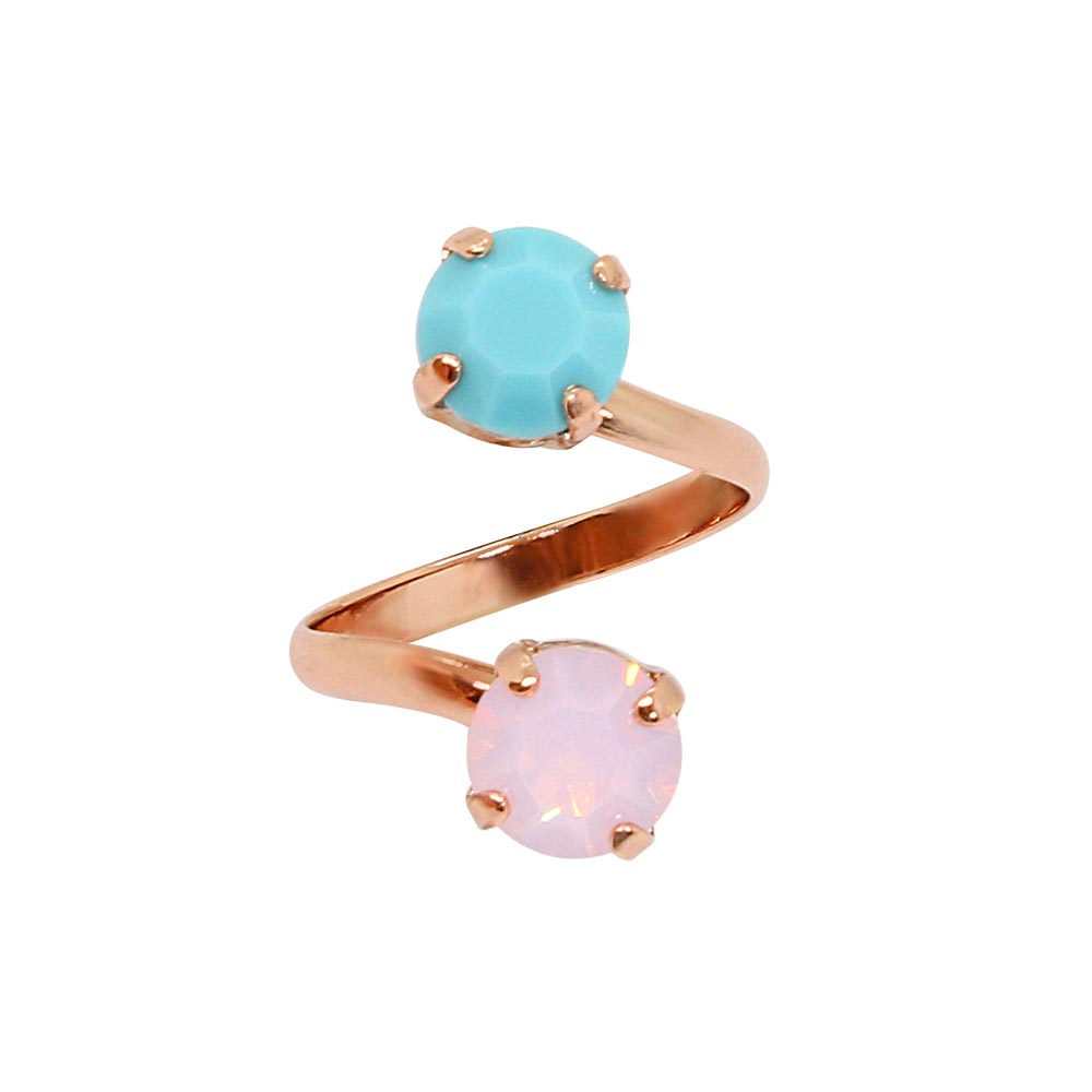 Front view of Jayda pink and turquoise Swarovski crystals ring set in rose gold on white background