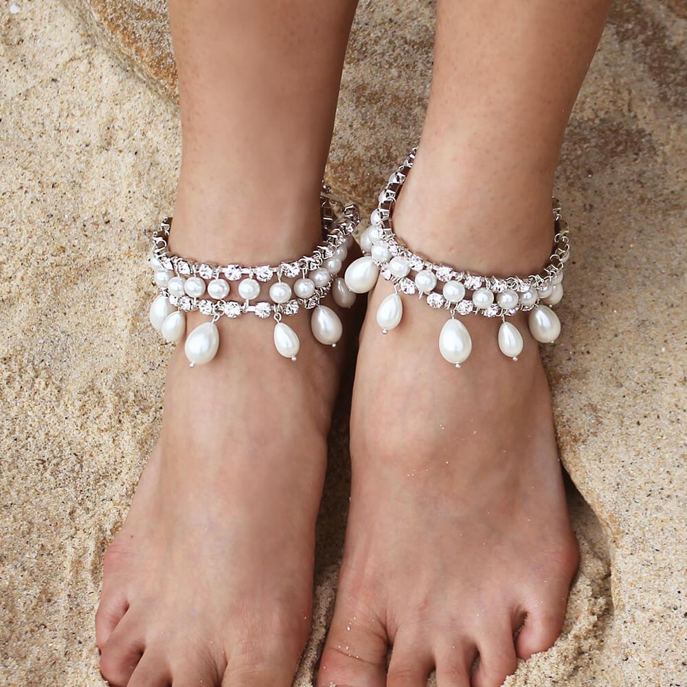 Silver Juno Boho Bridal Pearl Ankle Bracelets on beach