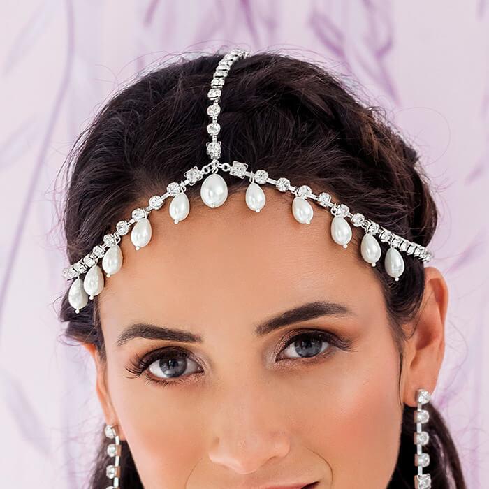 Silver Juno Bohemian Bridal Pearl Headpiece from front