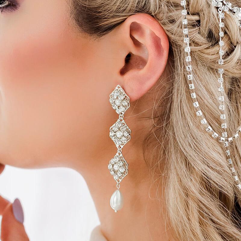 Silver Kaya Bridal Pearl Drop Earrings from close