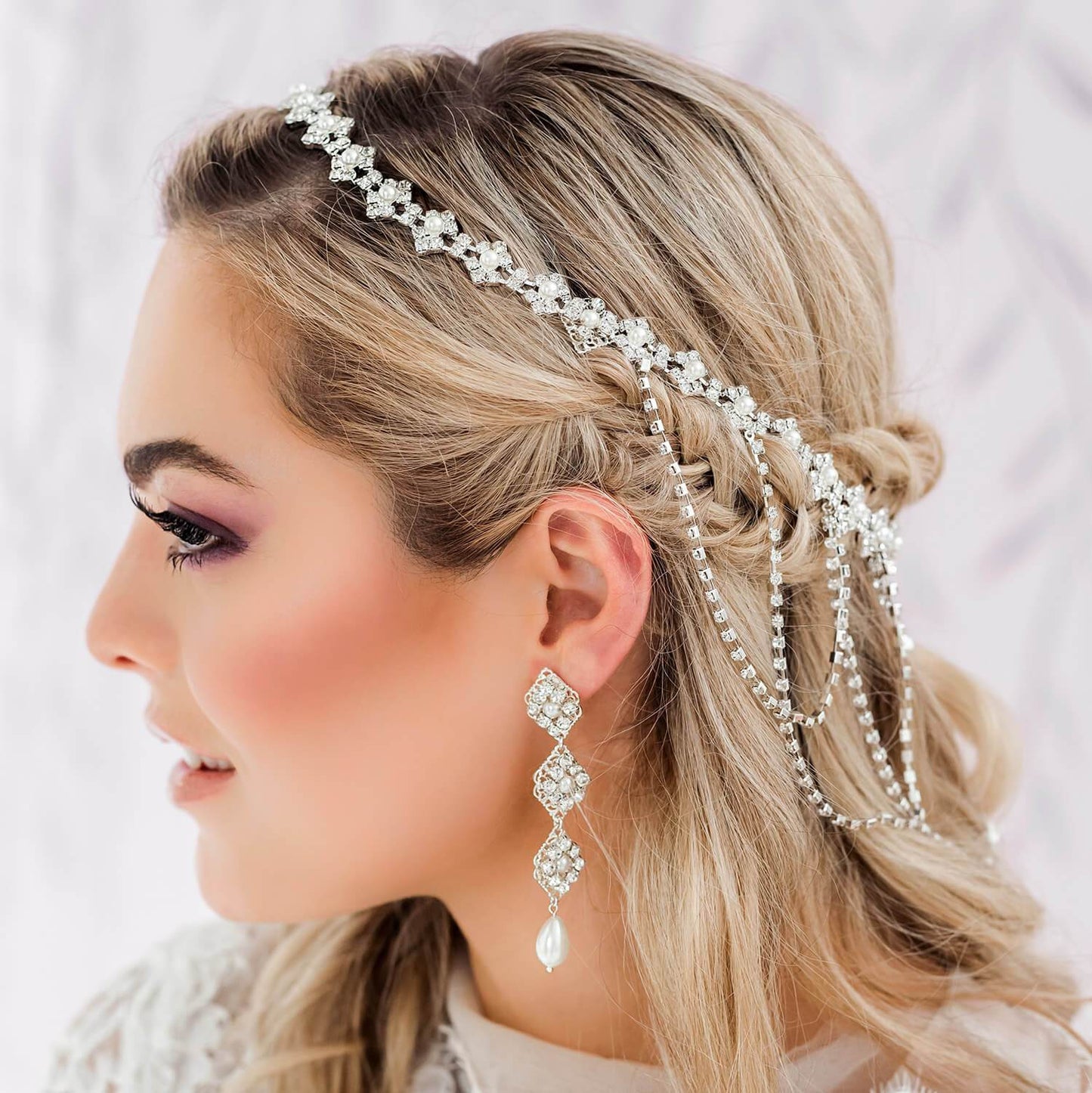 Silver Kaya Bridal Pearl Drop Earrings from far