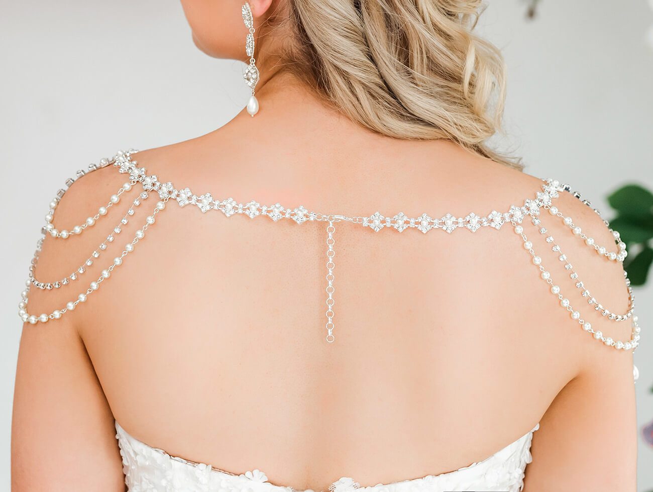 Silver Kaya Pearl & Crystal Shoulder Necklace from back