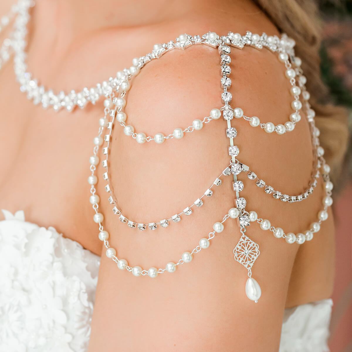 Silver Kaya Pearl & Crystal Shoulder Necklace from side