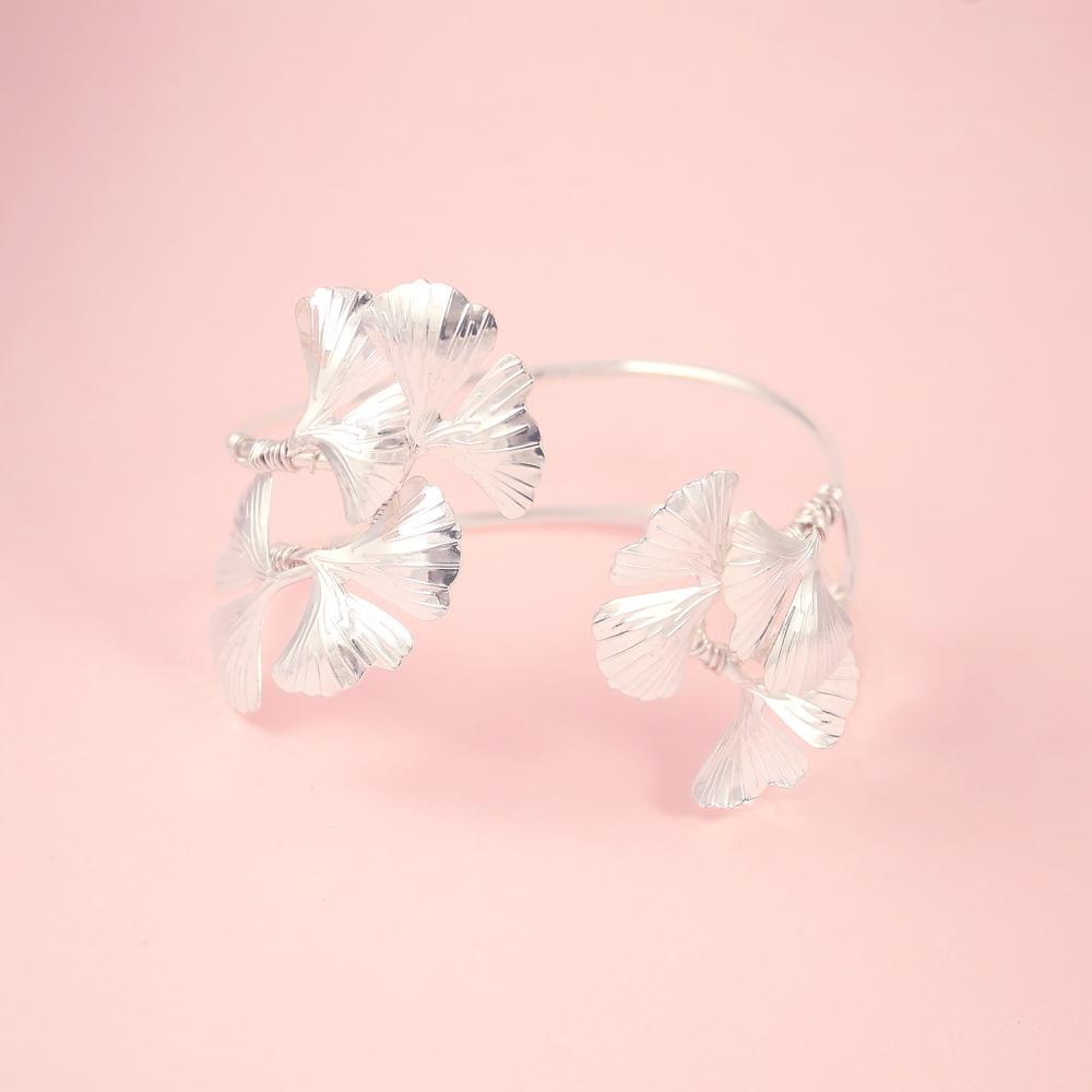 Silver Kiko Gingko Leaf Cuff Bracelet on pink