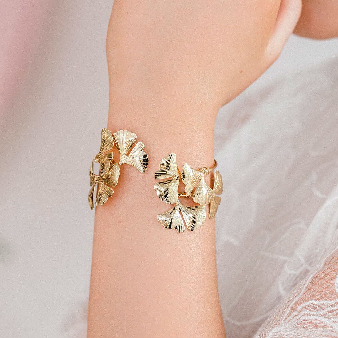 Gold Kiko Gingko Leaf Cuff Bracelet from close