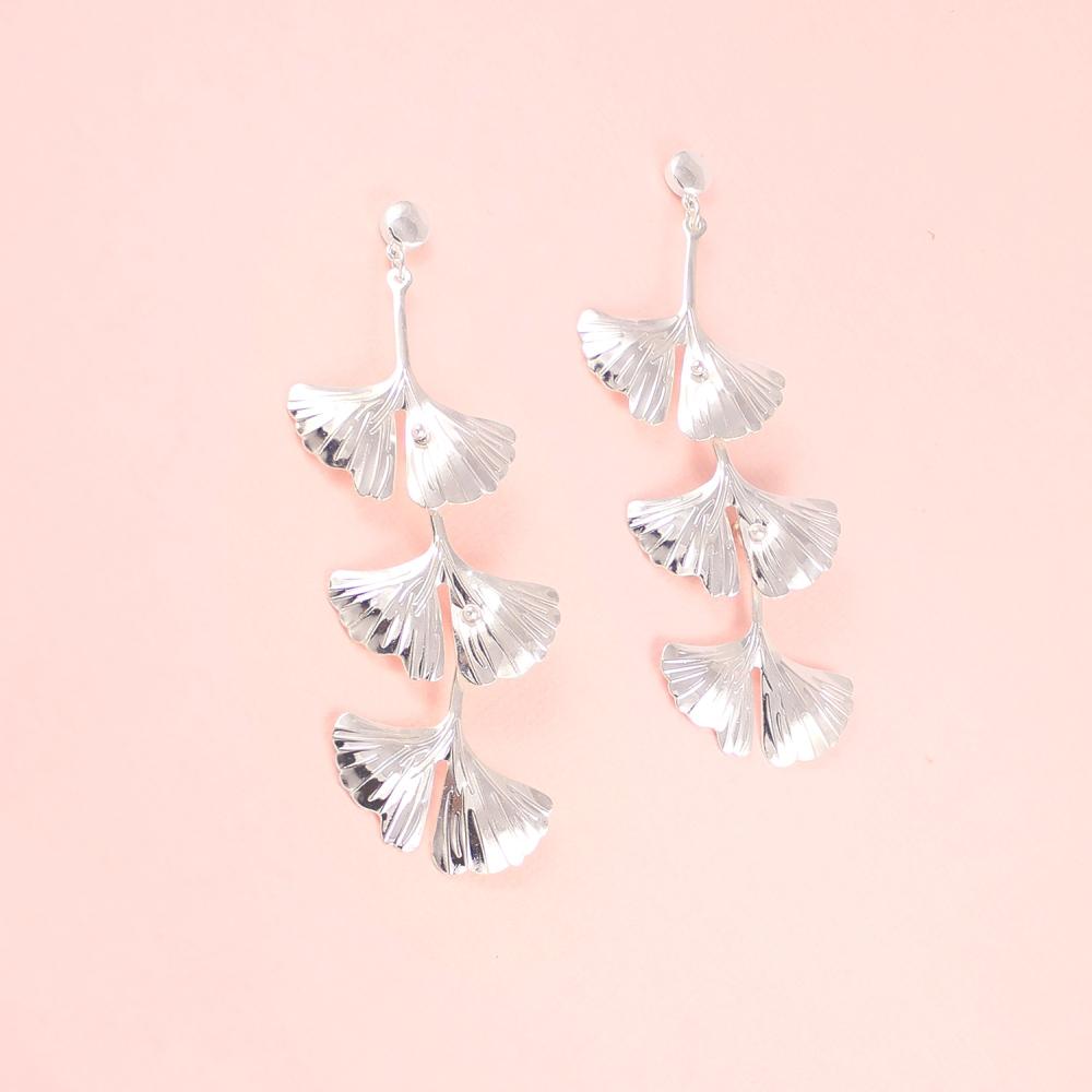 Silver Kiko Gingko Leaf Earrings on pink