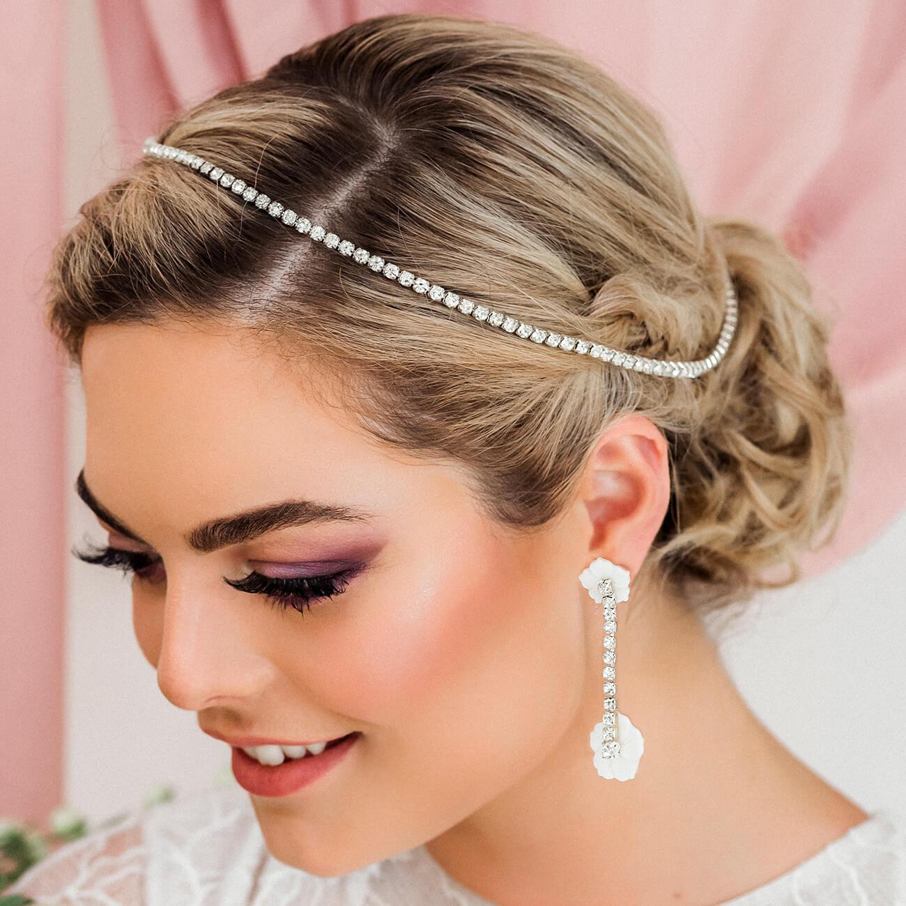 Silver Leilani Flower Bridal Comb & Crystal Chain from front