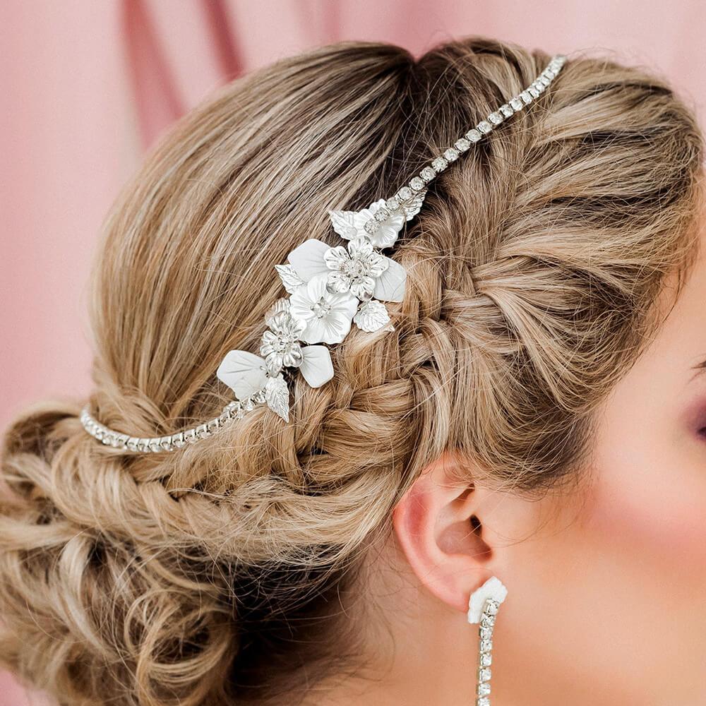 Silver Leilani Flower Bridal Comb & Crystal Chain from side