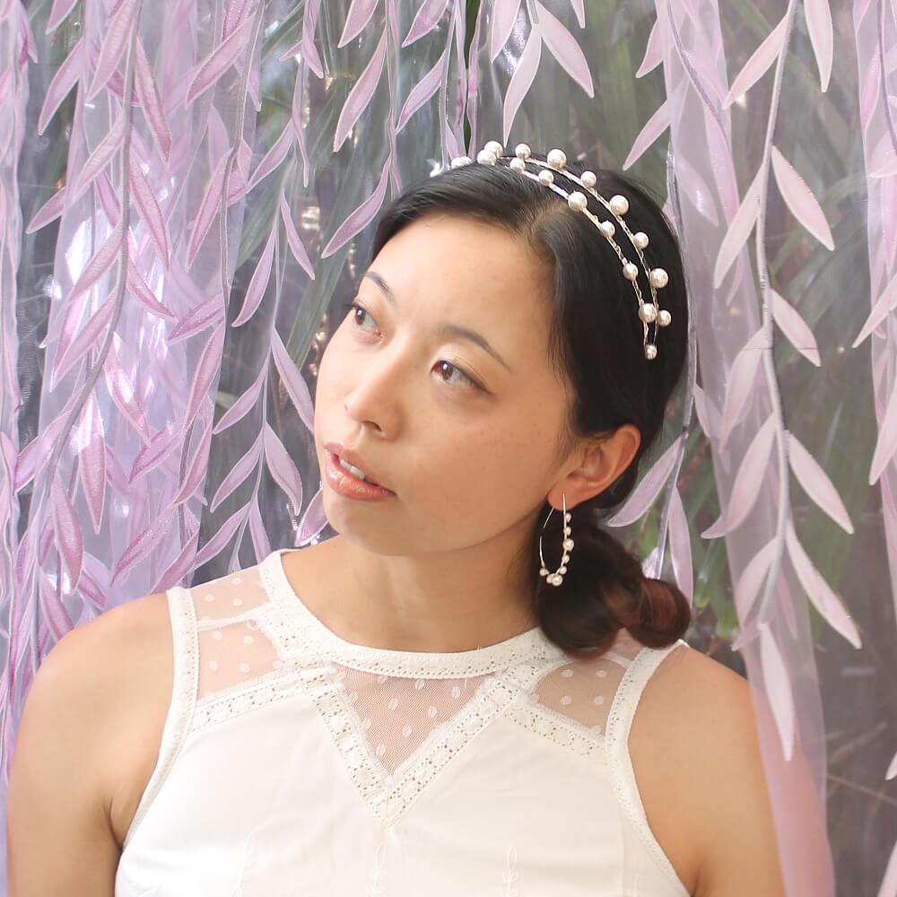 Silver Lulu Double Pearl Bridal Headband from front