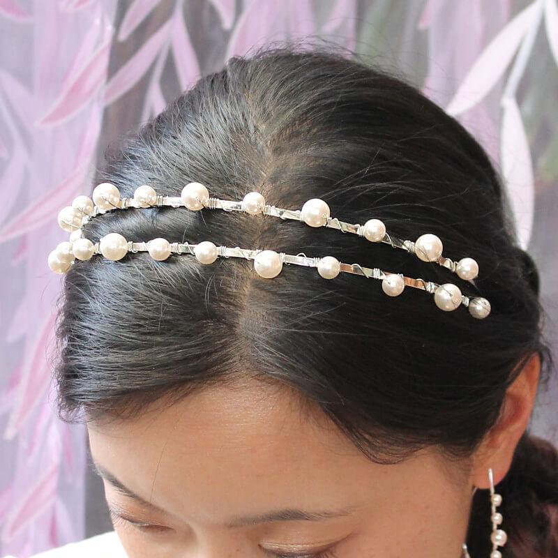 Silver Lulu Double Pearl Bridal Headband from top