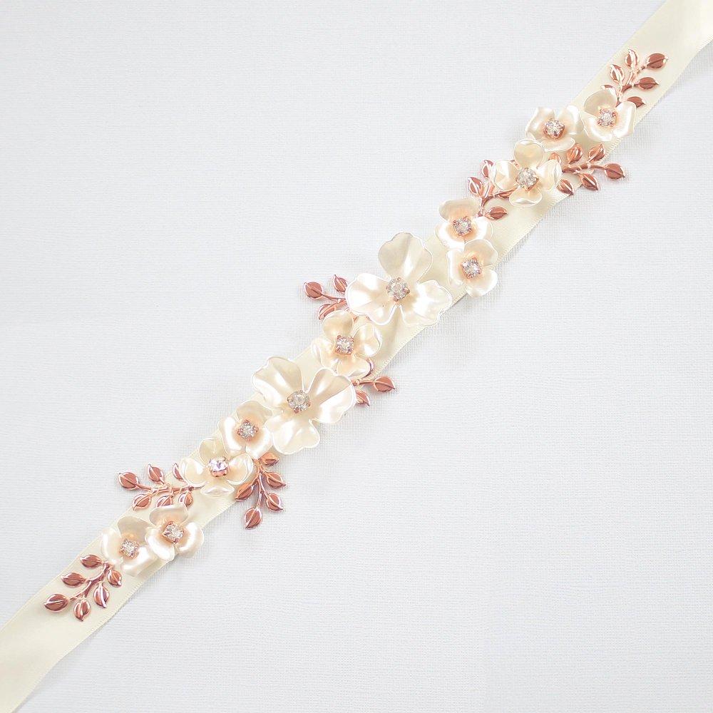 Rose gold Lyra Pearl Flower Bridal Belt on grey