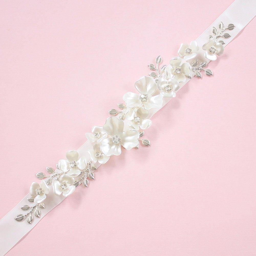 Silver Lyra Pearl Flower Bridal Belt on pink