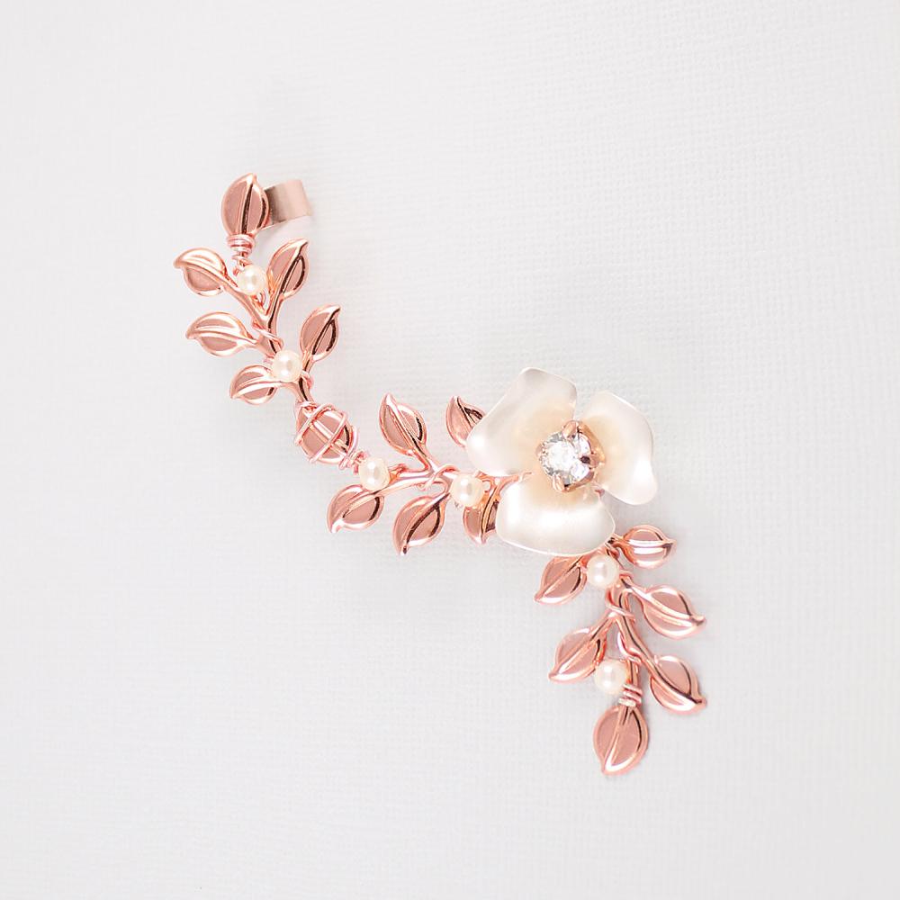 Rose gold Lyra Vine Ear Cuff on grey