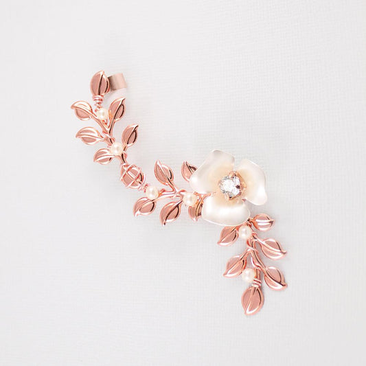 Rose gold Lyra Vine Ear Cuff on grey