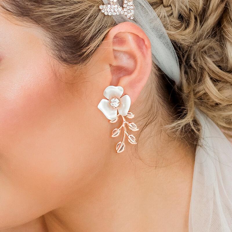 Rose gold Lyra Flower Bridal Earrings from side