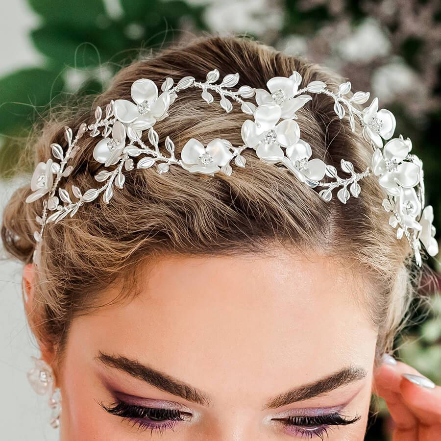 Silver Lyra Flower Bridal Crown from front