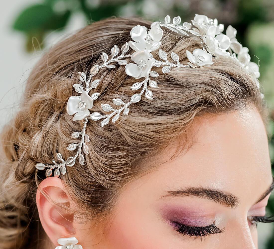 Silver Lyra Flower Bridal Crown from side