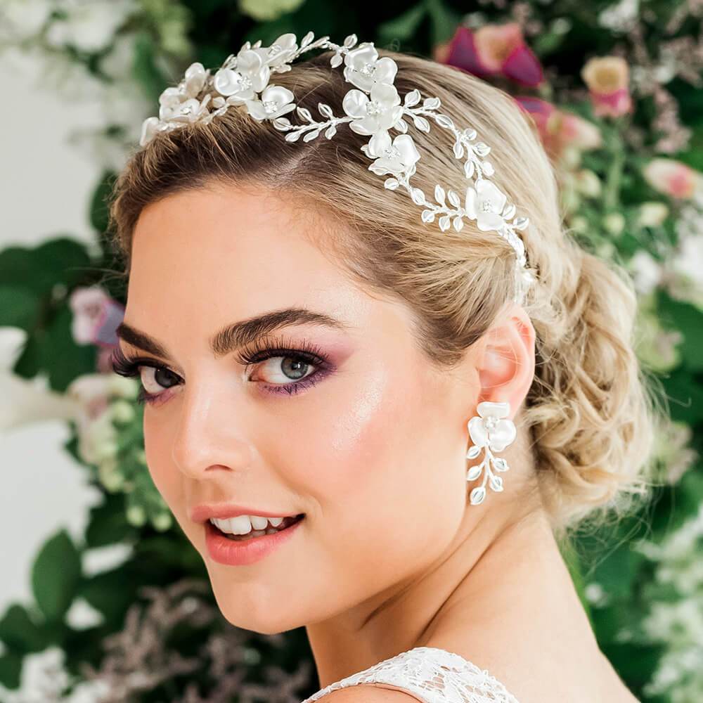 Silver Lyra Flower Bridal Crown from side