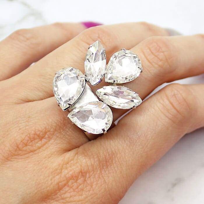 Crystal clear Marilyn Crystal Statement Ring on left hand