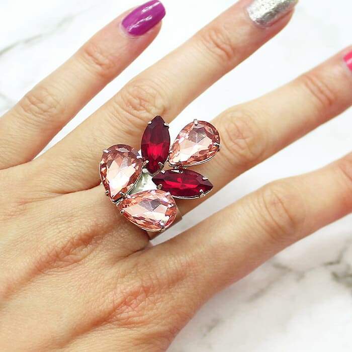 Red & pink Marilyn Crystal Statement Ring on left hand