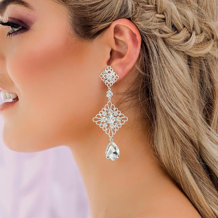 Silver Nicola Boho Chandelier Bridal Earrings from side