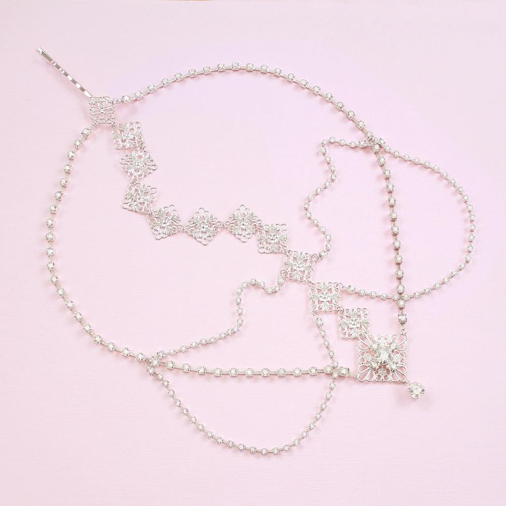 Silver Nicola Bridal Bohemian Head Chain on pink