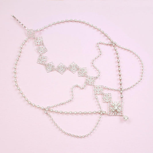 Silver Nicola Bridal Bohemian Head Chain on pink