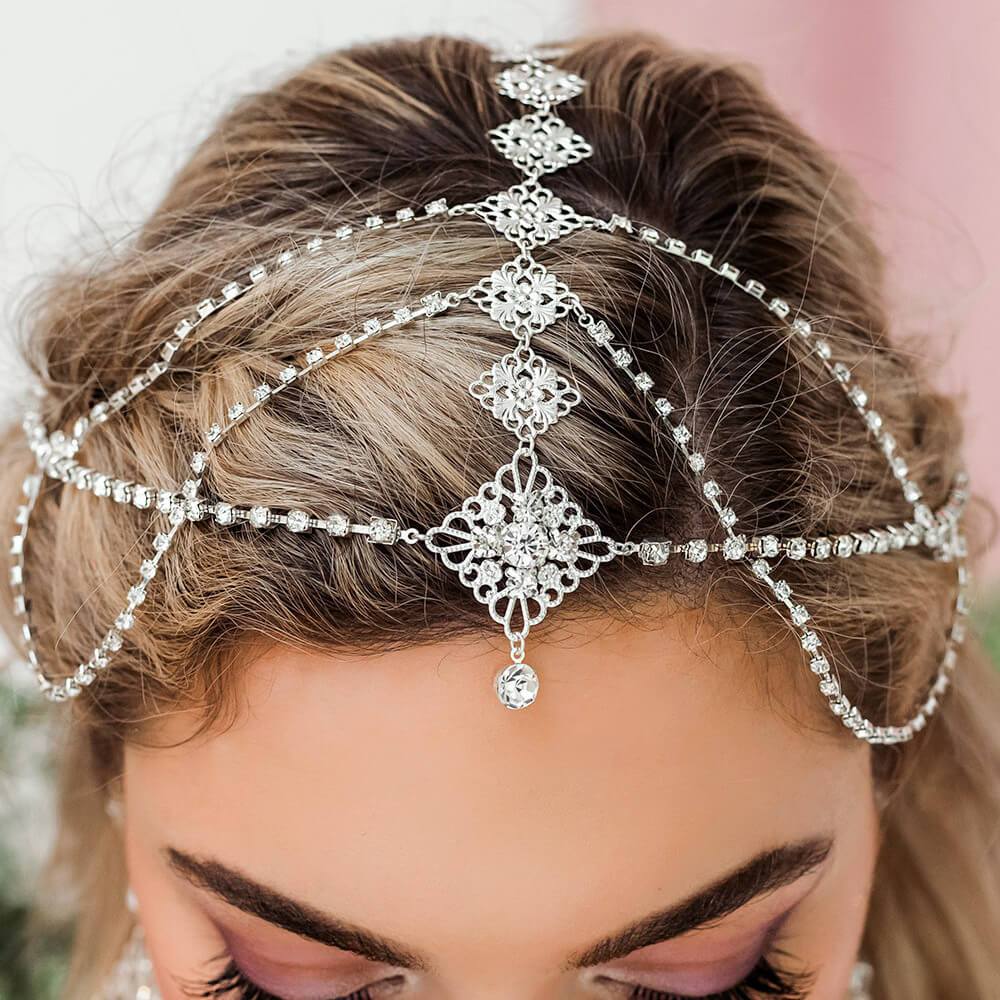 Silver Nicola Bridal Bohemian Head Chain from front