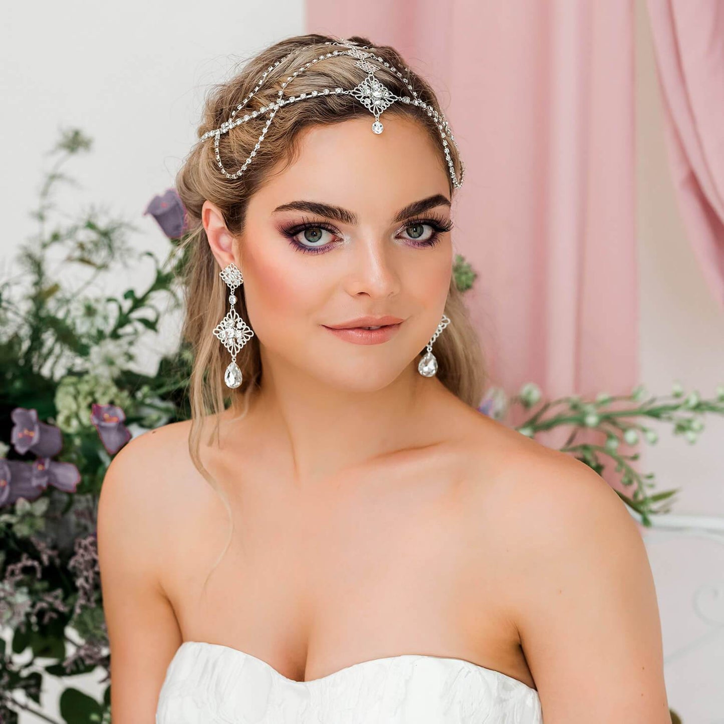 Silver Nicola Bridal Bohemian Head Chain from far