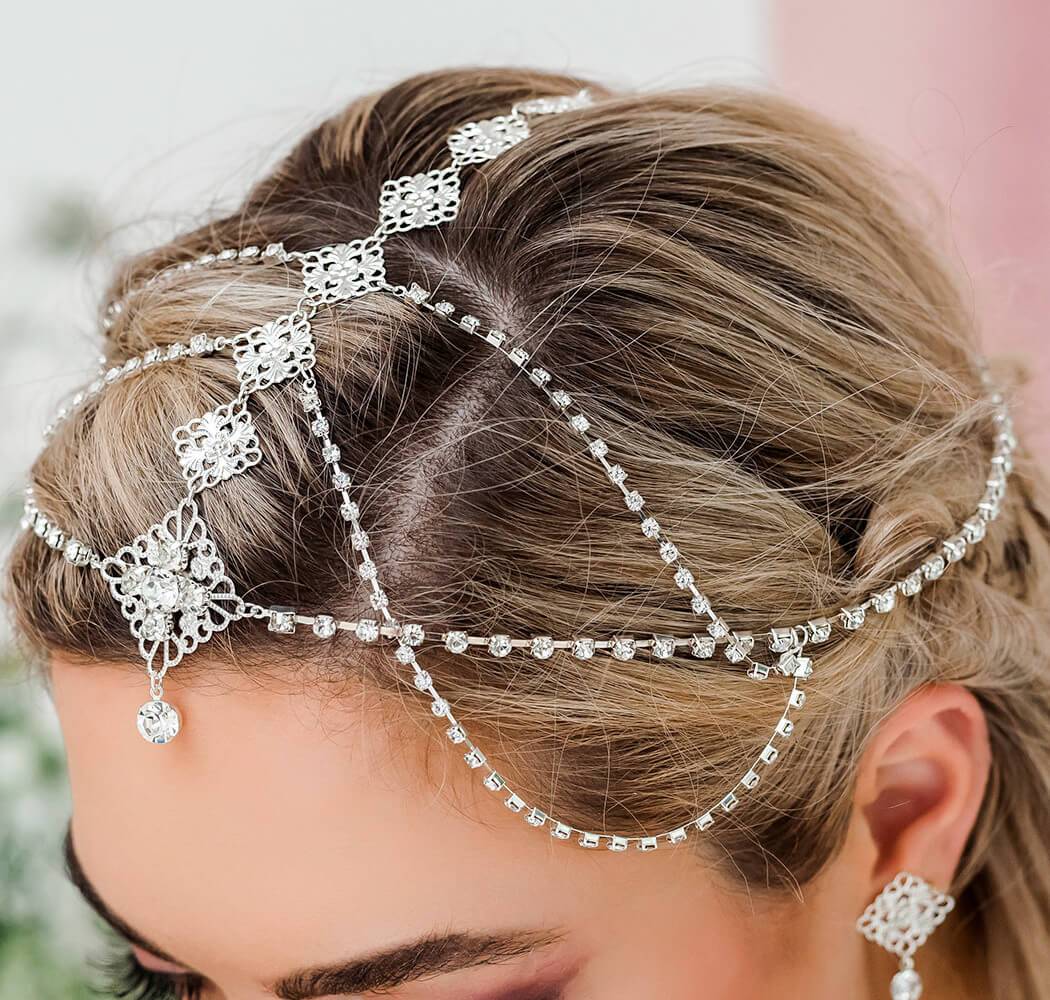 Silver Nicola Bridal Bohemian Head Chain from side