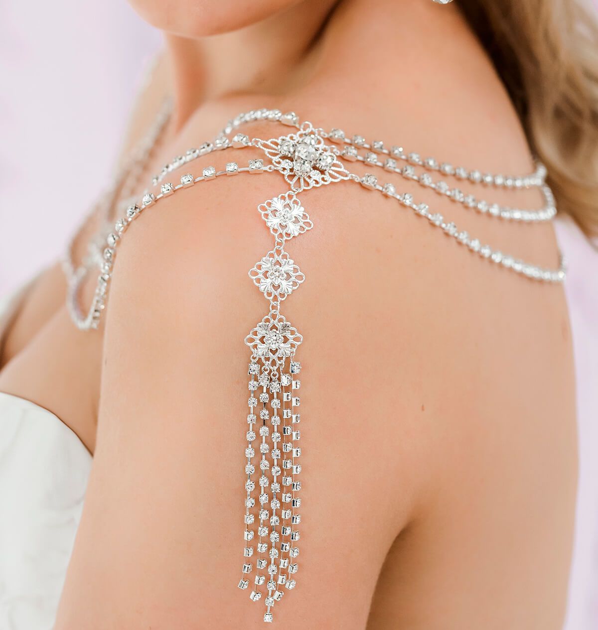 Silver Nicola Bridal Shoulder Necklace from side
