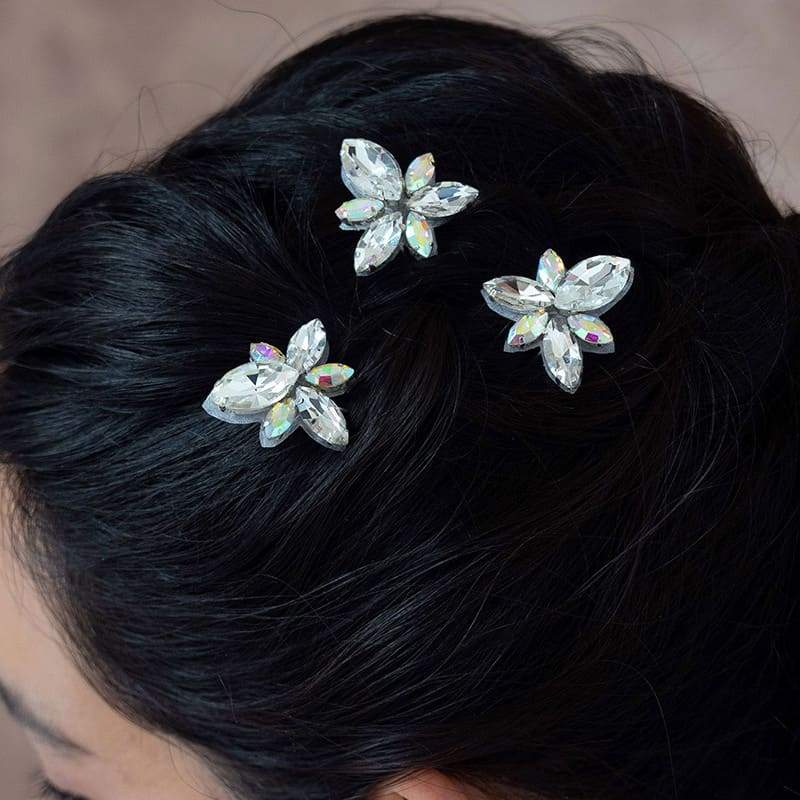 Nikki Crystal Hair Pins Set on top of hair