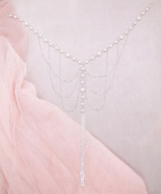 Ora pearl bridal back necklace silver with off white pearls on pink background