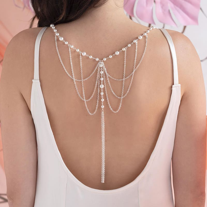Ora pearl bridal back necklace silver with off white pearls worn with low back dress