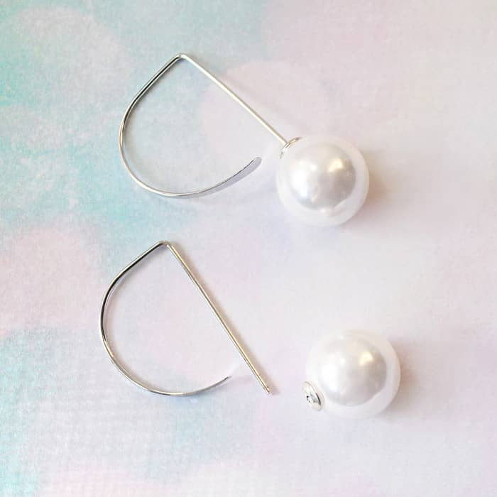 Affordable Pearl Threader Romee Earrings in silver on pastel with pearl off