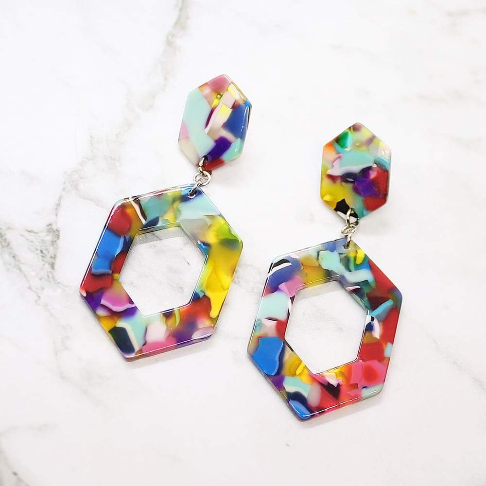 Prismatic Rainbow Hexagon Earrings