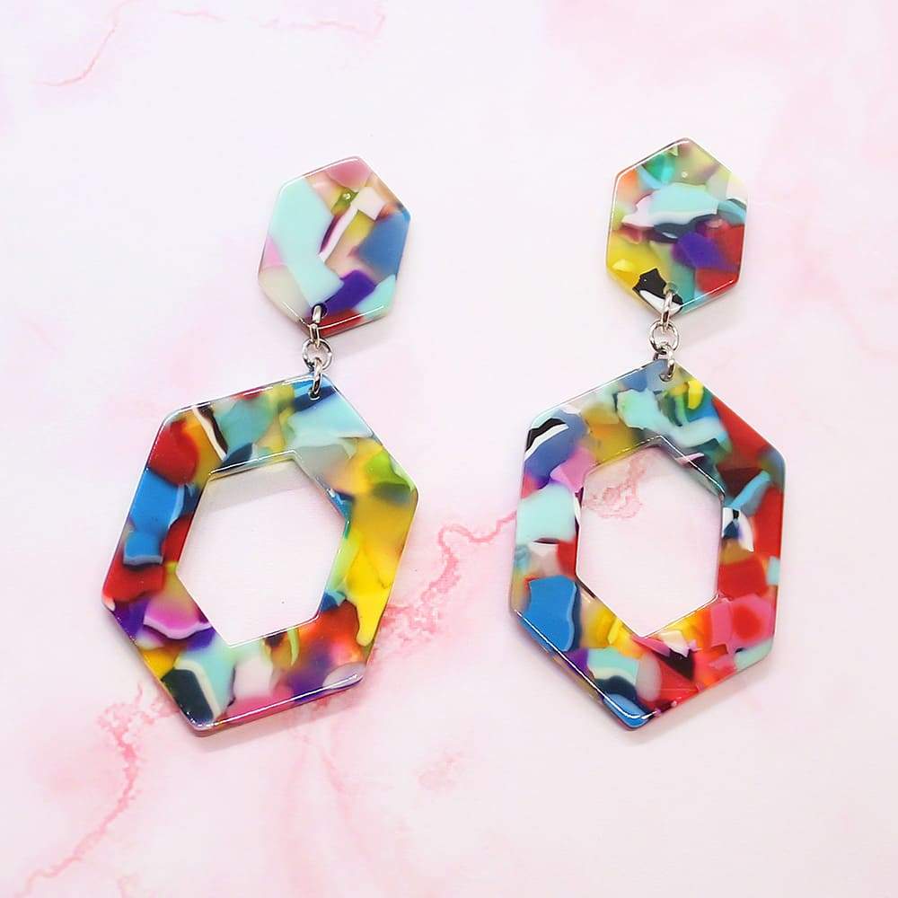 Prismatic Rainbow Hexagon Earrings