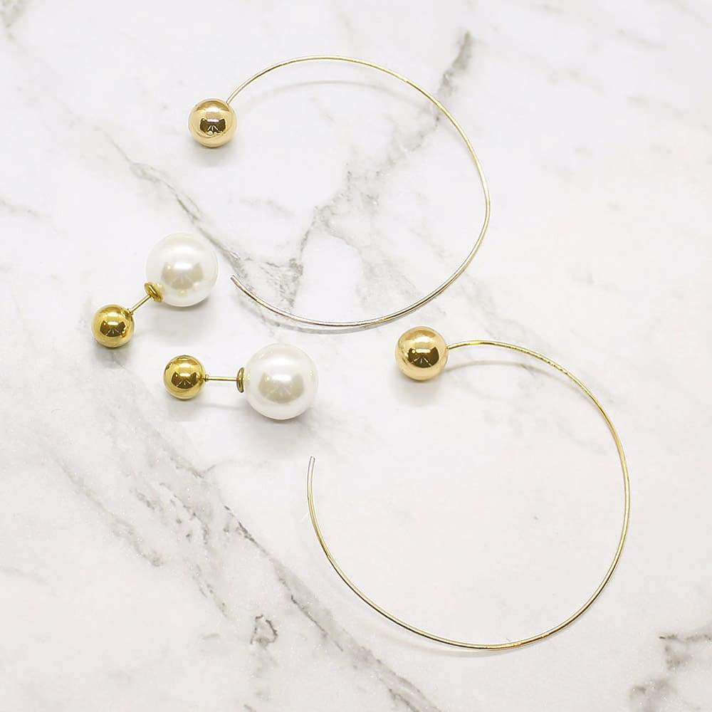 Rae Large Hoop and Pearl Ball Earrings pearl stud and gold hoop