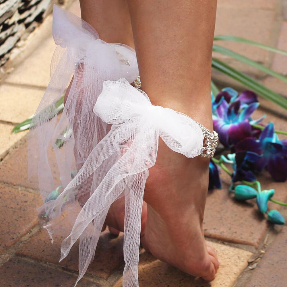 Silver Shiloh Tulle Ribbon Bridal Anklets