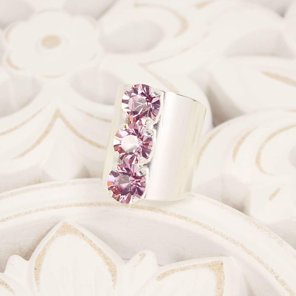 Silver with Lilac Simone Crystal Statement Ring on white